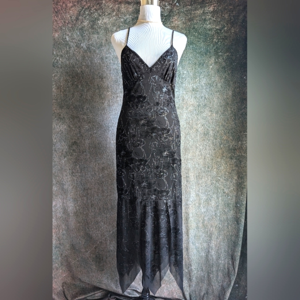 Y2K Black Sequin Slip Dress Handkerchief Hem Fairy Grunge Minimalist S